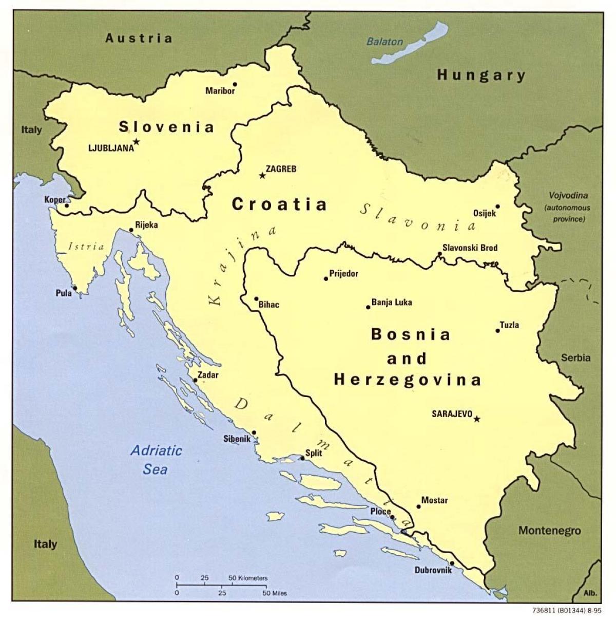 map Bosnia ja Hertsegoviina ning ümbruskonna riikidest